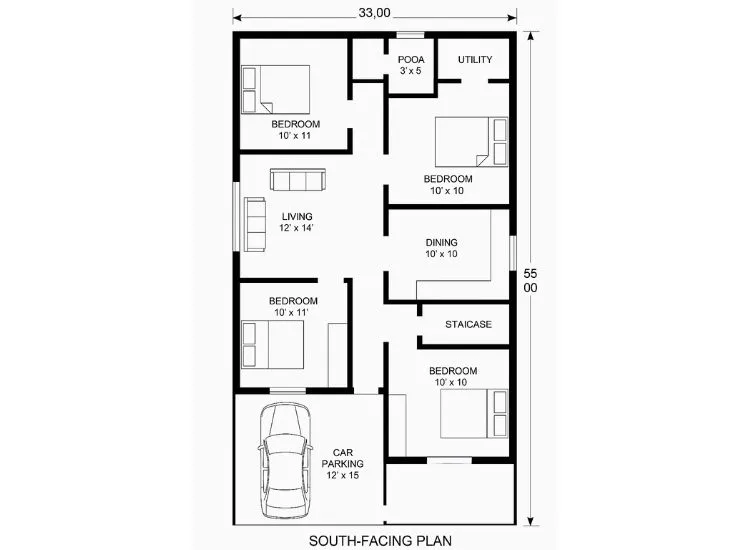 "33x55 ft 3BHK south facing house plan with parking space, vastu layout, and modern front elevation design"