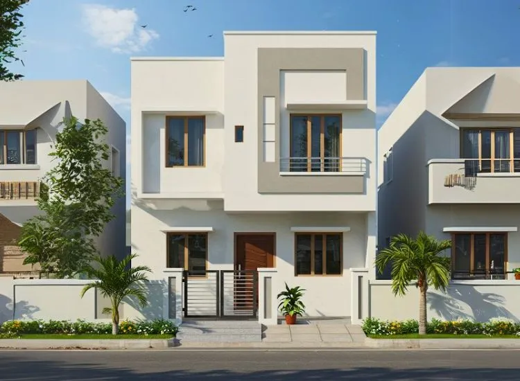 Simple box-style modern home front elevation design with a flat roof and clean double-floor lines for a sleek minimalist look.