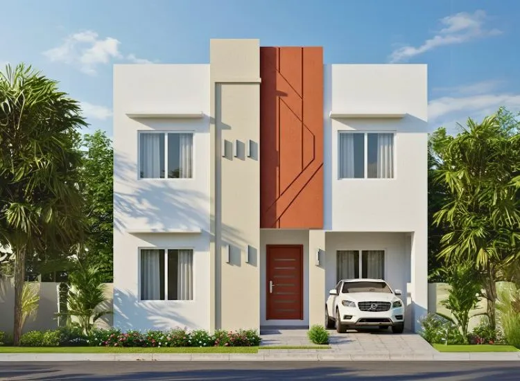 Modern home front elevation design in a single-tone color palette with stylish accent walls enhancing the double-floor facade.