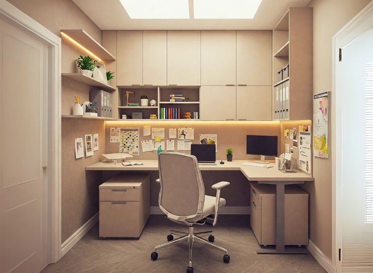Smart storage solutions in small office interior design, promoting an organized workspace with efficient layout and thoughtful interior design in office spaces.