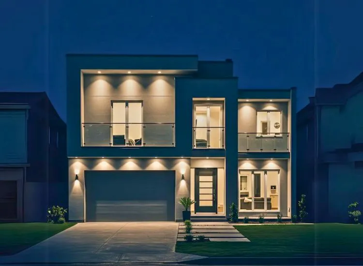 Home front elevation design featuring smart lighting, enhancing the double-floor facade with dynamic illumination for a modern, energy-efficient look