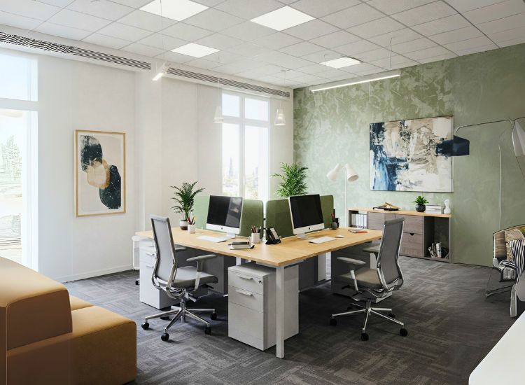 Smart space planning in small office interior design showcasing a seamless flow, efficient layout, and modern interior design in office environments.