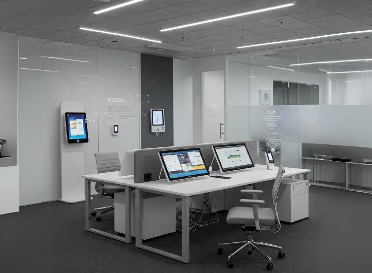 Smart tech integration in office interior design, from booking desks to controlling lighting, enhancing efficiency and comfort in modern office spaces with seamless design.