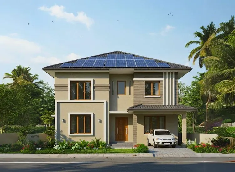 Home front elevation design with integrated solar panels on the roof, combining sustainability and modern double-floor architecture.