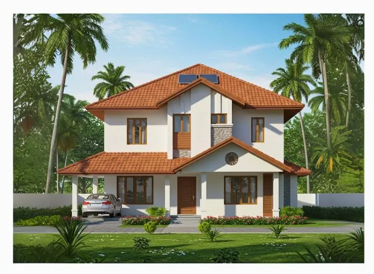 South Indian home front elevation design, blending modern minimalism with climatic efficiency, featuring a sleek double-floor structure.
