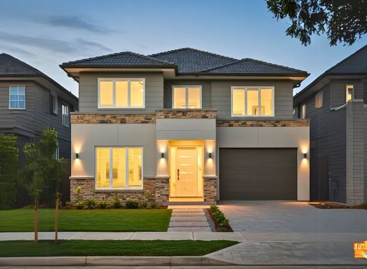 Home front elevation design featuring stone strip borders or corners, adding a natural, textured finish to the modern double-floor facade.