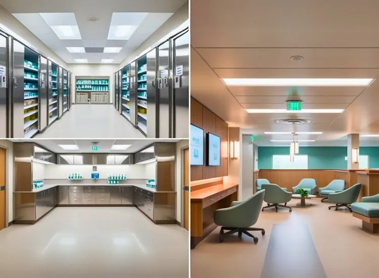 Clinic interior design prioritizes organized storage, efficient pharmacy layout, and comfortable staff areas to support smooth healthcare operations and care delivery.
