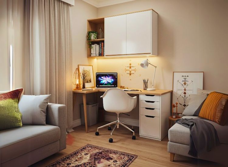 A well-organized studio apartment with Vastu-compliant layout, maximizing space, light, and energy flow to create a harmonious and functional living area.
