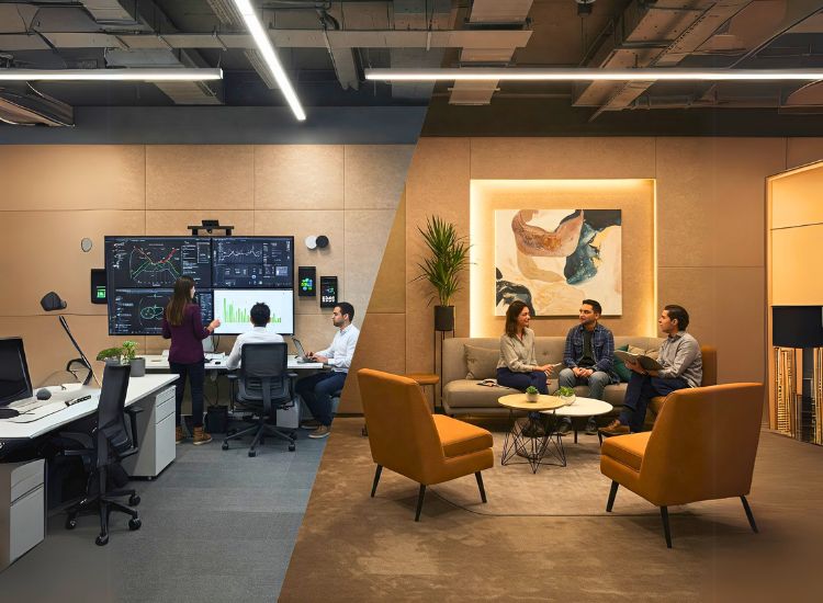 Balancing technology and aesthetic enhancements in office interior design, optimizing budget allocation for functionality and visual appeal in modern office spaces.