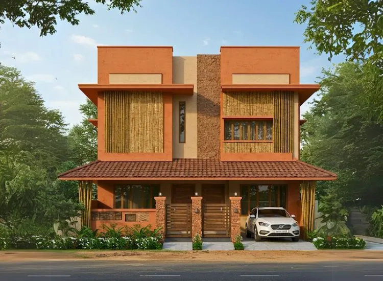 Home front elevation design incorporating terracotta, bamboo, and other sustainable materials, enhancing the double-floor facade with eco-friendly charm.