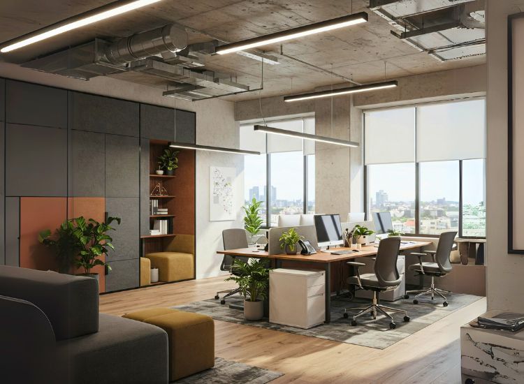 An interconnected office interior design emphasizing flow, collaboration, and layout efficiency in a small office with modern interior design in office.