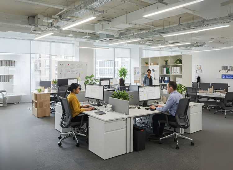 A thoughtfully planned small office interior design showcasing modern elements that enhance productivity, reflect smart layout, and interior design in office.