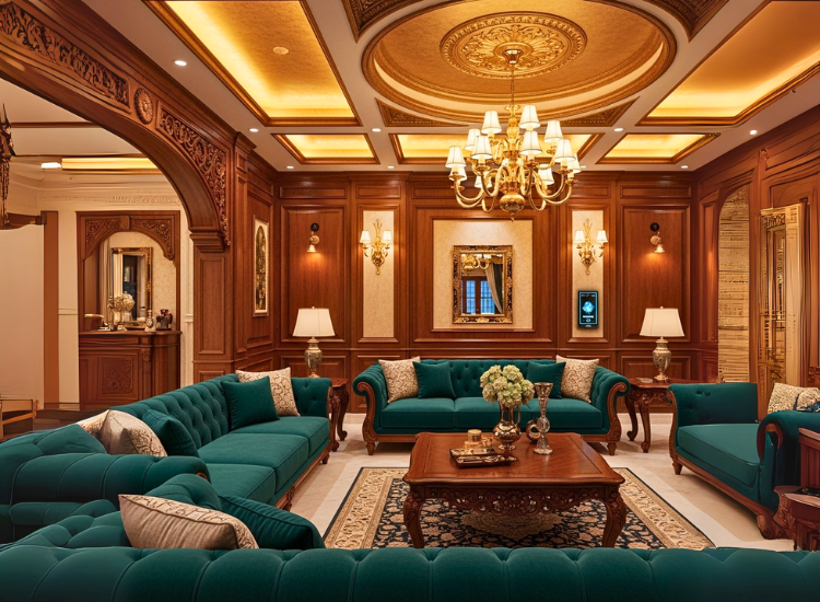 Living room interior design with lavish sofas, antique wall art, and a chandelier so grand, it probably has its own entourage.
