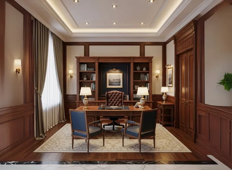 A professional office setup with wooden furniture and enclosed cabins, blending corporate interior design with timeless office interior design ideas
