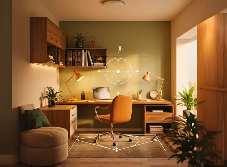 A calm interior with balanced elements, natural light, and symmetry, reflecting the core principles of Vastu Shastra for harmony and energy flow.