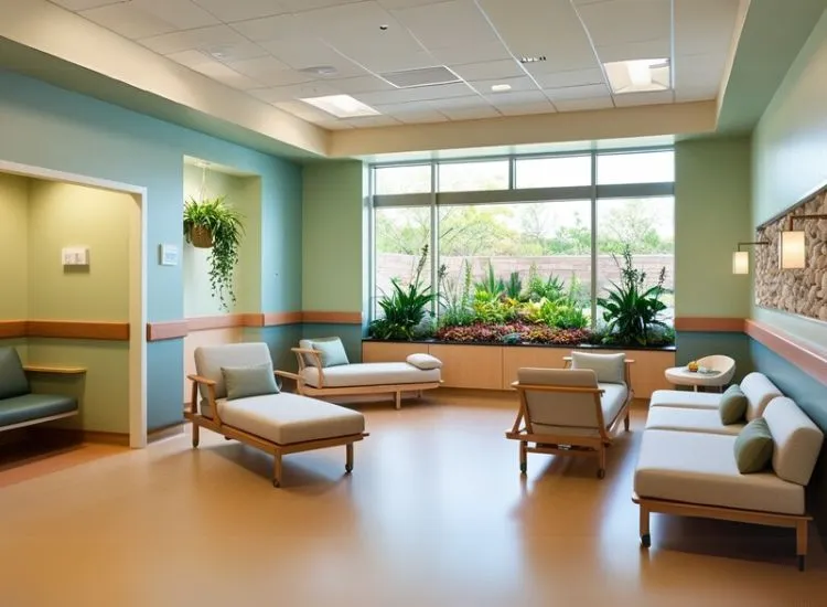 Hospital interior design emphasizes wellness-based environments with natural light, calming elements, and comfort to foster healing and emotional well-being.