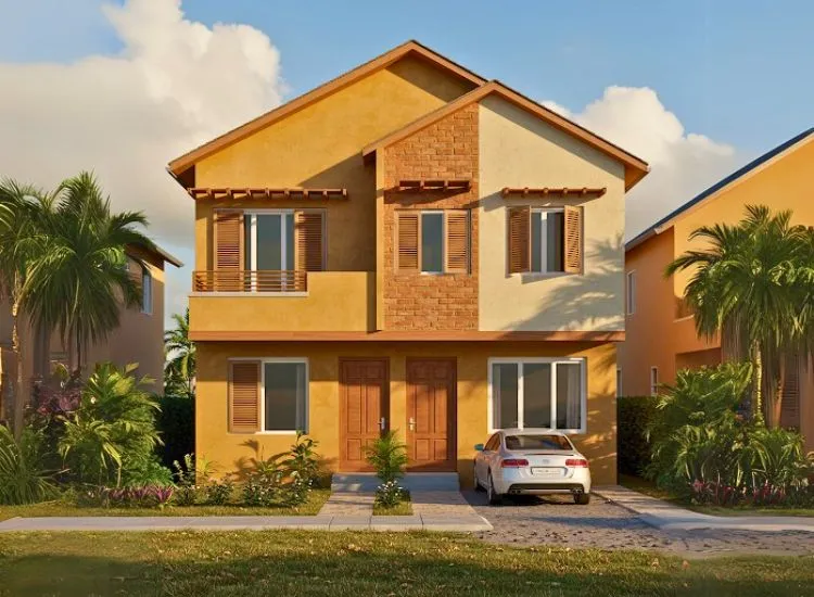 West Indian home front elevation design with earthy tones and contemporary facades, blending tradition and modernity in a double-floor exterior.