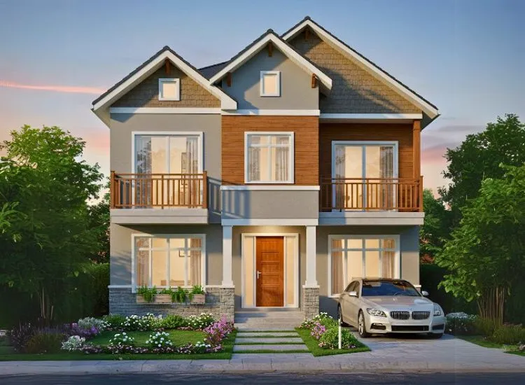 Home front elevation design with exposed brickwork and brick cladding, adding rustic charm to a modern double-floor house exterior.