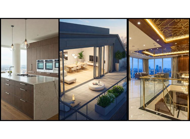 Elegant penthouse design showcasing premium materials and finishes like marble countertops, hardwood flooring, and custom cabinetry