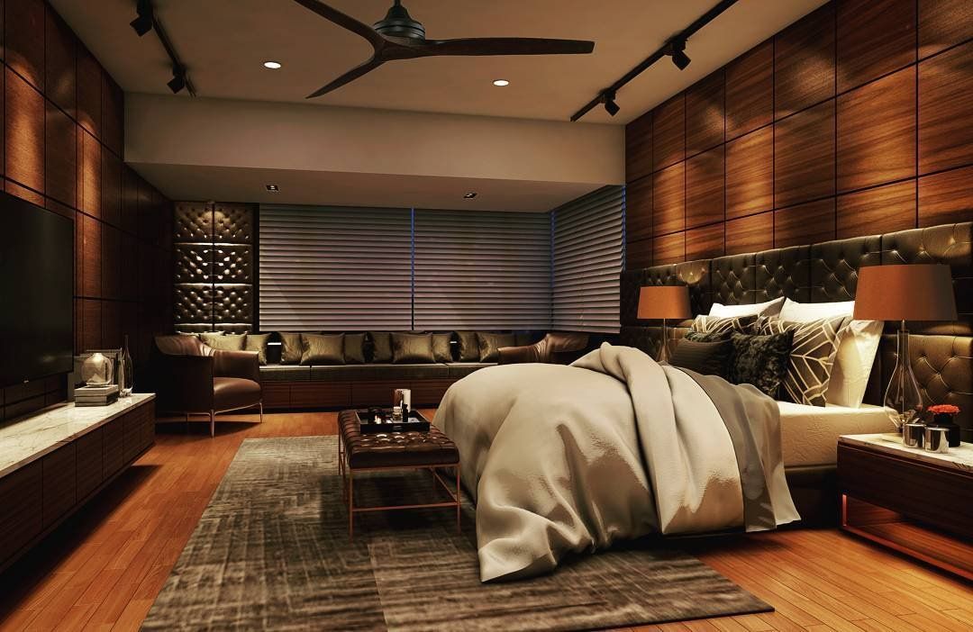 A cozy bedroom with elegant wooden paneling and ambient lighting, creating a warm and inviting atmosphere