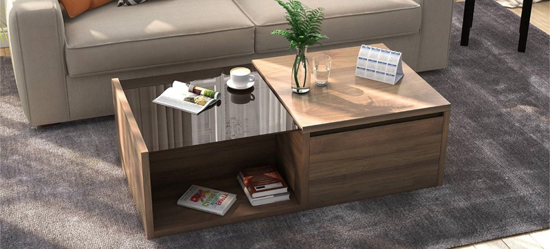 Budget-friendly wooden center table with a glass top and storage is the focal point in the living room