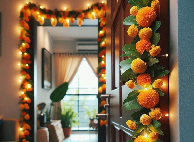 Home main door decorated by marigold flowers and mango leaves adorned with led lighting.