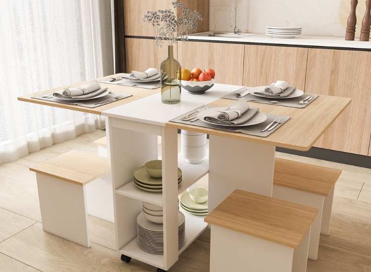 Rich wooden foldable dining table design suitable for both compact and large spaces, featuring effortless partitions for dishes and bowls.