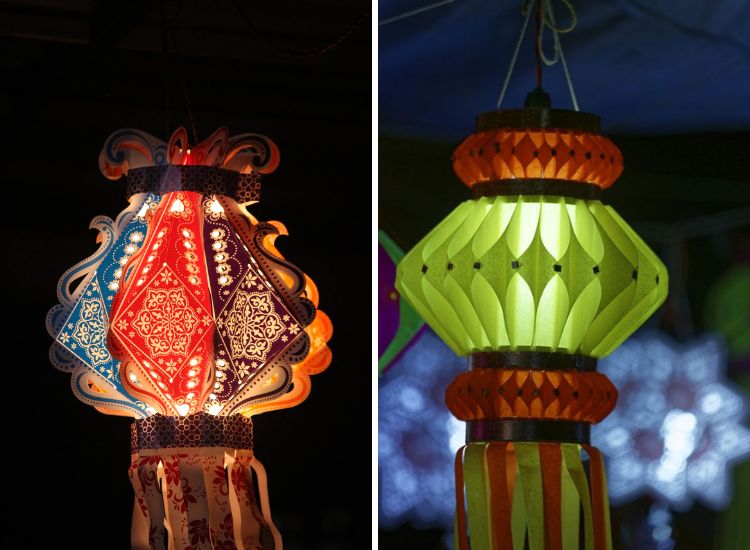 Two beautiful traditional main door lantern designs for diwali, night time lighted with a internal lamp.