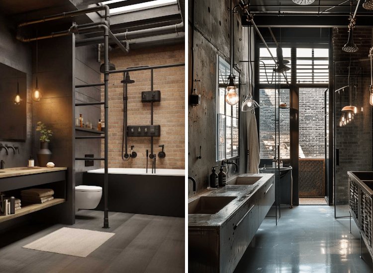 A bathroom with black, bricks walls and a wooden floor, exposed pipelines showcasing an industrial interior design