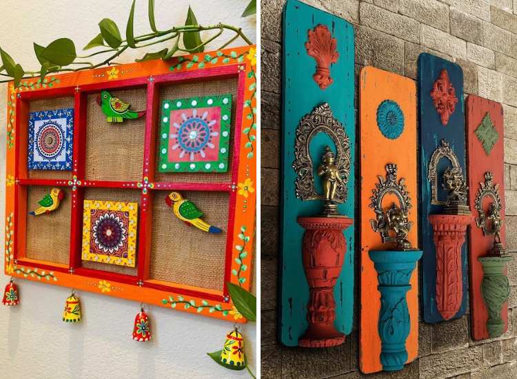 Diwali festive wall art featuring DIY materials with simple drawings, alongside another piece showcasing deity idols of the season.