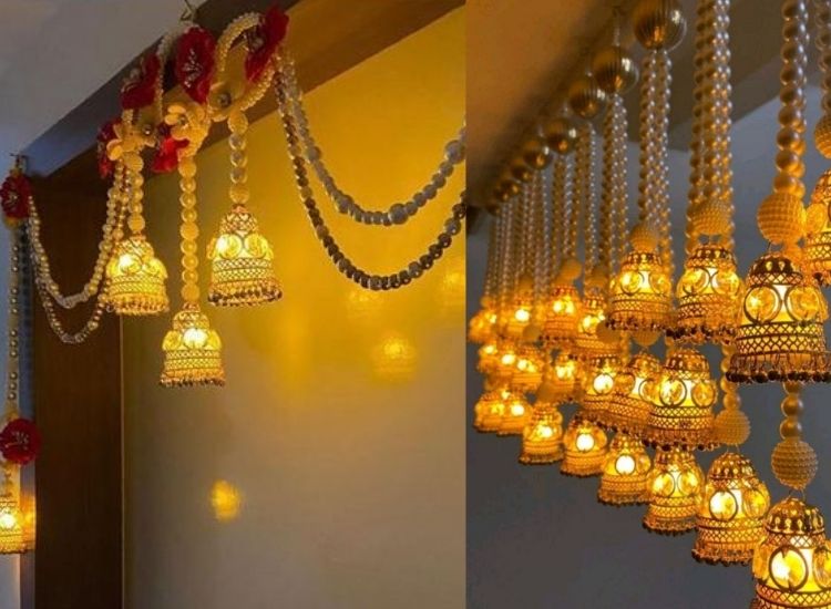 Diwali lighting photo of candles and fairy lights illuminating marigold garlands, creating a festive ambiance.
