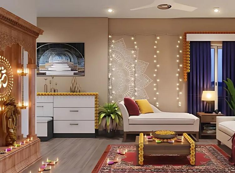 Home interior living room diwali decoration idea for a festive vibe. room decorated with lighting, floral garlands and rich fabrics