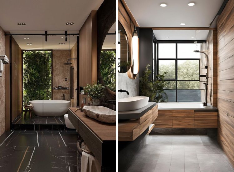 A bathroom with a tub and a sizable mirror, featuring a nature-inspired touch in its design. Explore bathroom design ideas