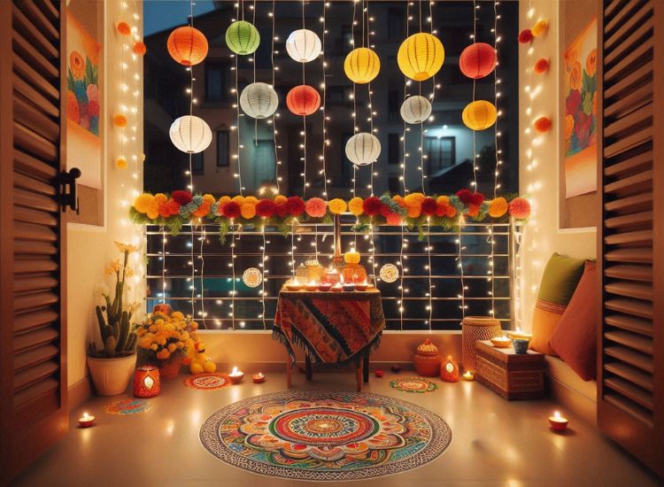 A beautiful balcony decoration for diwali, with different lanterns hanging and a rangoli design complemented by a soft, warm LED lighting.