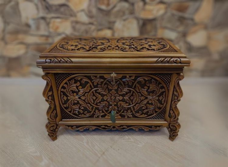 Intricately carved wooden sandook used as a decorative piece for Diwali, showcasing detailed craftsmanship and festive appeal.