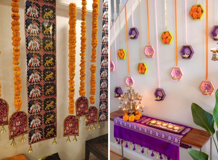 Diwali home wall decoration with wall hanging designs and patterns complemented by hanging diyas and rich violet clothing