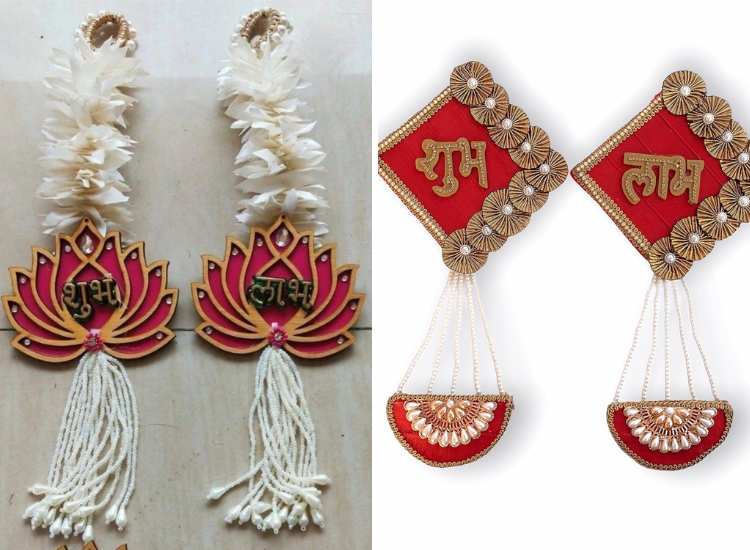 Two distinct Shubh Labh wall hanging designs for Diwali: one featuring a lotus design and the other with a simple red diamond-shaped decor.