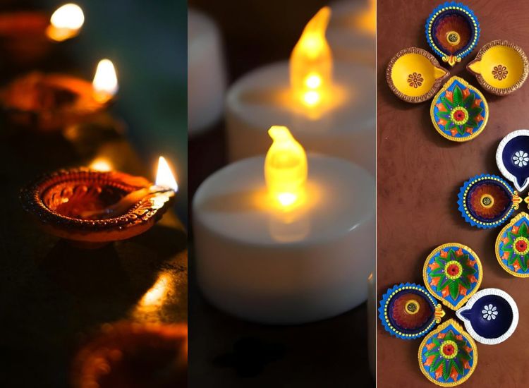Different types of diwali diyas for decorating the home on diwali featuring traditional clay diyas, painted diyas and modern LED diyas
