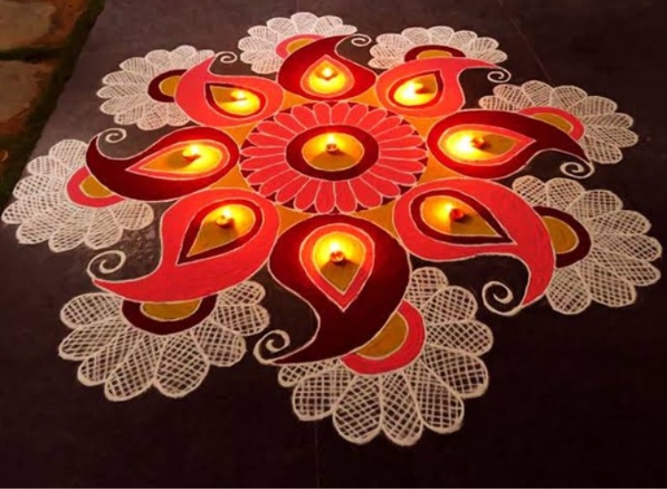 Stunning diya rangoli displayed at the entrance, combining artistry and tradition for the Diwali festivities
