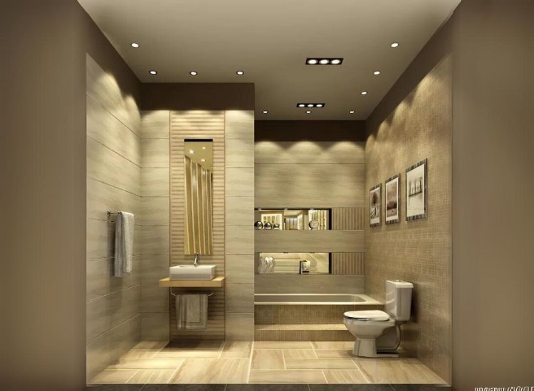 A modern bathroom with a sleek false ceiling featuring recessed lighting and a stylish pattern