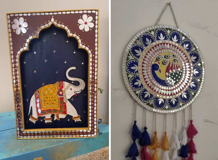 Simple Diwali wall hanging decorations featuring an elephant drawing jharokha and tiny mirrors in a peacock design for vibrant wall art.