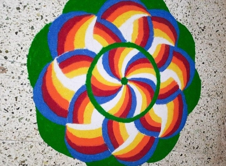 Stunning geometric rangoli with symmetrical shapes and bold colors, enhancing the festive spirit during Diwali