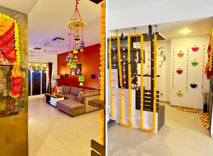 Living room Diwali decorations featuring flower garlands, DIY paper hangings, and festive lighting for a vibrant atmosphere.
