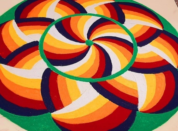 Vibrant geometric rangoli design with sharp lines and colorful motifs, creating a striking visual for the festival.