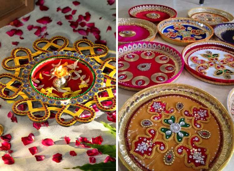 Decorative Diwali puja thali designs featuring a heart shape with flower petals, and another adorned with various intricate patterns for a festive appeal.