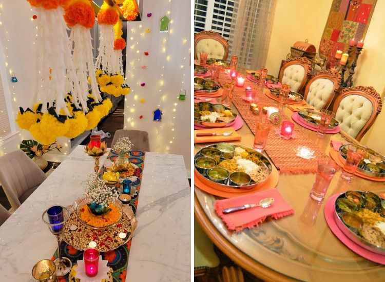 Diwali dining table decoration featuring flower garlands, LED lighting, diyas, and traditional food arranged on a soft cloth.