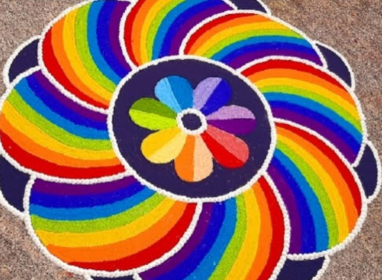 Beautifully crafted geometric rangoli with a mix of shapes and colors, symbolizing harmony and creativity during Diwali