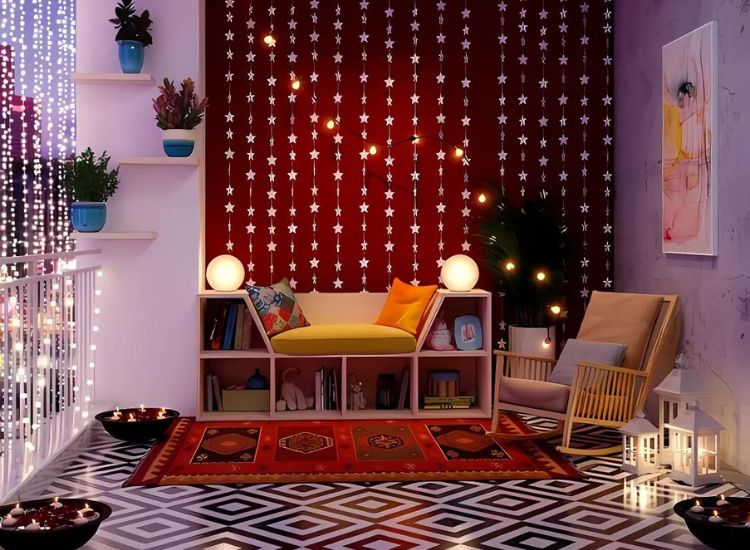 Diwali lighting design with natural and artificial lighting styles in a home gallery