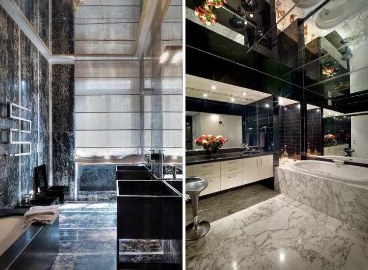 A bathroom with elegant marble walls and flooring,huge window, featuring a mirror finish ceiling design