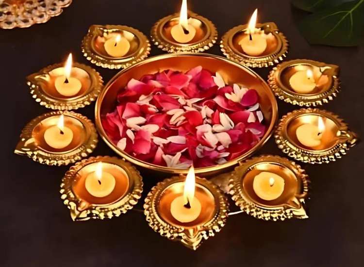 Beautiful Diwali decorative urli featuring diya holders and flower petals floating in water at the center for a serene ambiance.